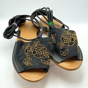 NWT Topshop Women’s Halle Black & Gold Beaded Floral/Flat Sandals/Lace Up Ties